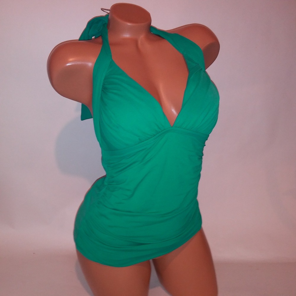 La Blanca Swim Tankini Top Size 8 Teal Halter Lightly Lined Wireless